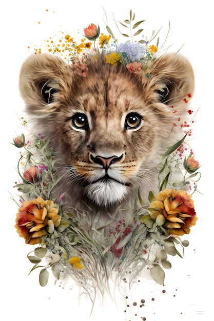 Ein Löwenjunges mit Blumen darauf