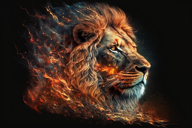 Ein Löwenkopf ist von Flammen umgeben.