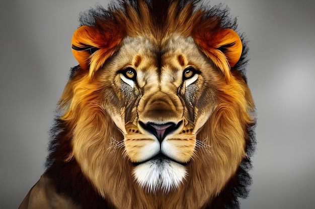 Ein Löwenkopf mit gelber Mähne und einem blauen Auge.
