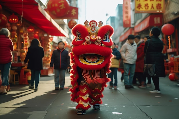 Ein Löwentanz in einer Straße in Chinatown