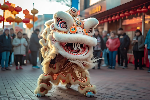 Ein Löwentanz vor einem Geschäft, auf dem chinesisches Neujahr steht