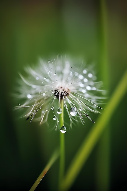 Ein Löwenzahn mit Wassertropfen darauf