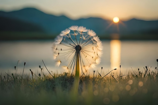 Ein Löwenzahn vor einem See bei Sonnenuntergang