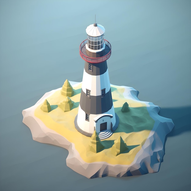 Ein Low-Poly-Leuchtturm mit einer kleinen Insel in der Mitte.