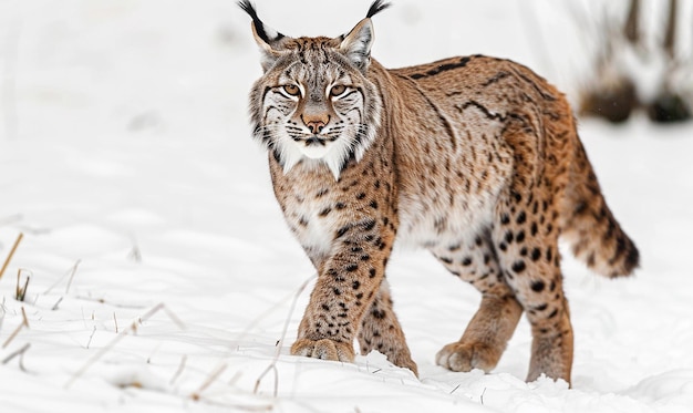 ein Luchs mit einem Snowboarder auf dem Rücken geht im Schnee