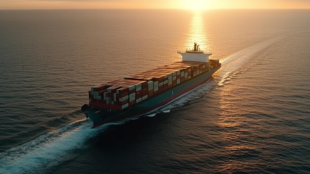 Ein Luftbild eines Frachtschiffs, das Container für den Export und Import transportiert, wird auf einer globalen Welt gezeigt