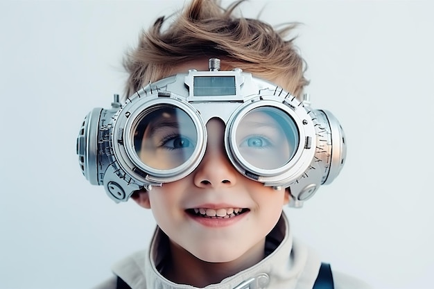 Ein lustig aussehender Junge trägt eine futuristische Brille auf weißem Hintergrund