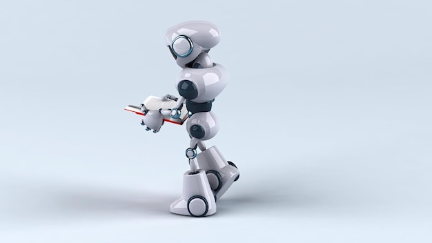 Ein lustiger 3D-Roboter geht und liest ein Buch