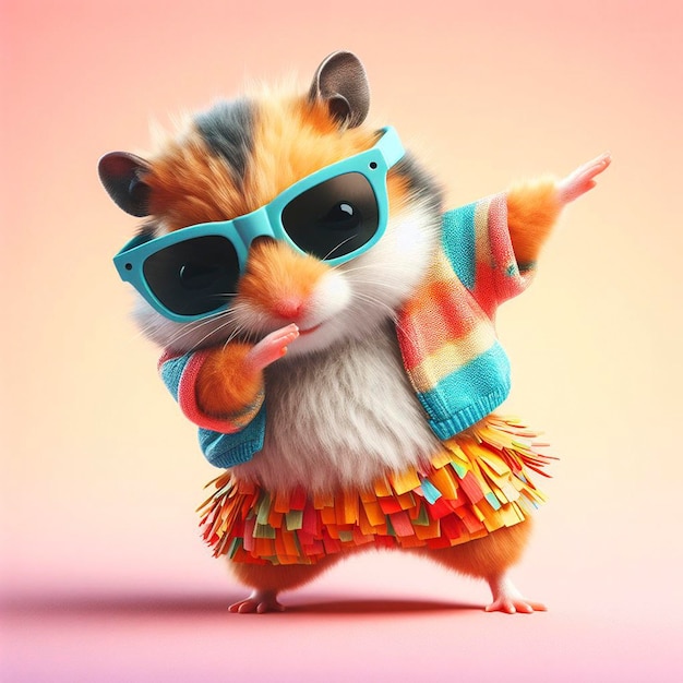 Foto ein lustiger hamster, der farbenfrohe kleidung und sonnenbrille trägt und tanzt.