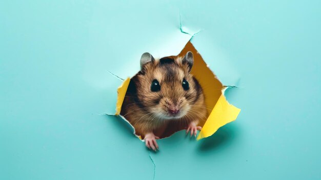 Ein lustiger Hamster starrt durch ein zerrissenes Loch in einem lebendigen Pastellfarbenpapier-Hintergrund