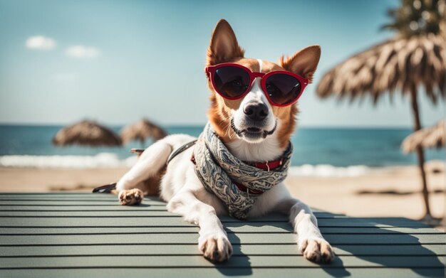 Ein lustiger Hund mit modischer Sonnenbrille liegt am Strand.