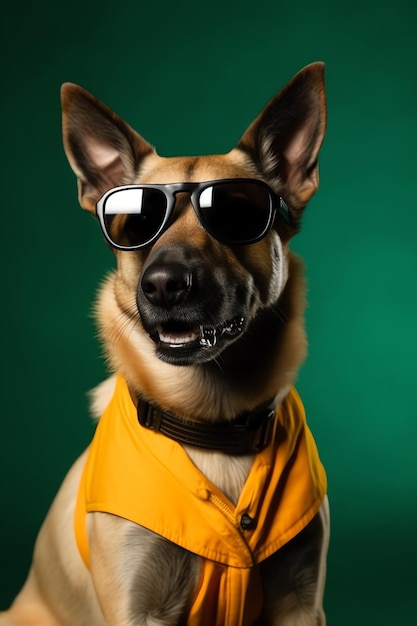 Ein lustiger Hund mit Sonnenbrille auf gelbem oder leuchtendem Hintergrund. Sommerferienkonzept