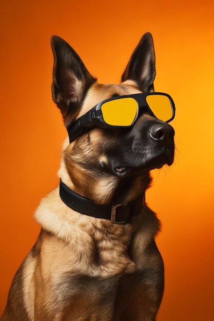 Ein lustiger Hund mit Sonnenbrille auf gelbem oder leuchtendem Hintergrund. Sommerferienkonzept