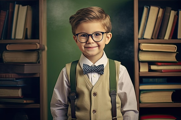 Ein lustiger kleiner Junge mit Brille, der auf die Tafel zeigt