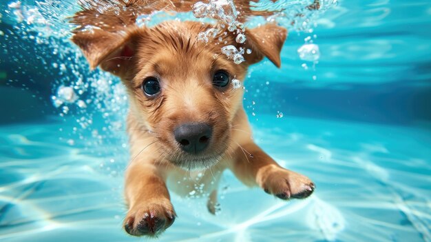 Foto ein lustiger moment, bei dem ein welpe im schwimmbad einen tiefen tauchgang macht.