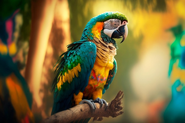 Ein lustiger Papagei, geschmückt mit buntem Gefieder, zwitschert und tollt verspielt durch das üppige tropische Laub der generativen KI des Dschungels