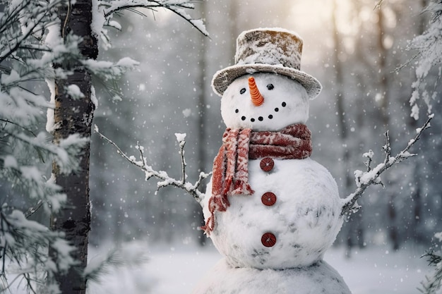 Ein lustiger und süßer Schneemann mit Hut und Schal mitten im Wald