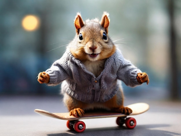Foto ein lustiges eichhörnchen in einem pullover fliegt auf einem skateboard