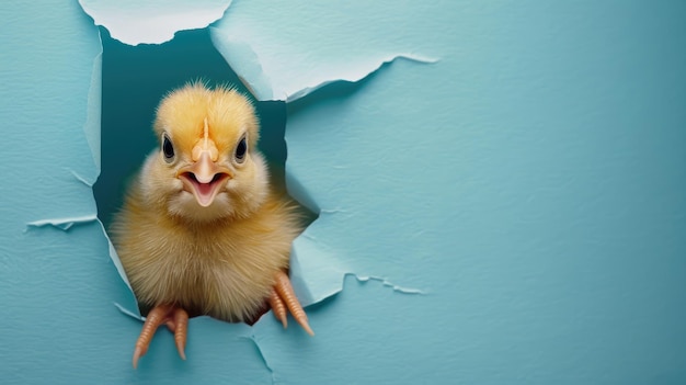 Ein lustiges Huhn starrt durch ein zerrissenes Loch in einem lebendigen Pastellfarbenpapier-Hintergrund