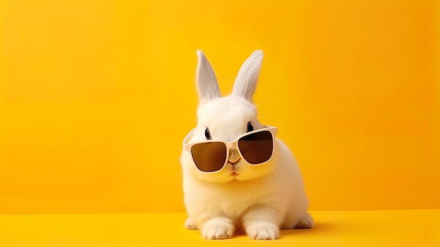 Ein lustiges Kaninchen mit Sonnenbrille auf einem gelben, pastellfarbenen Hintergrund Generative KI