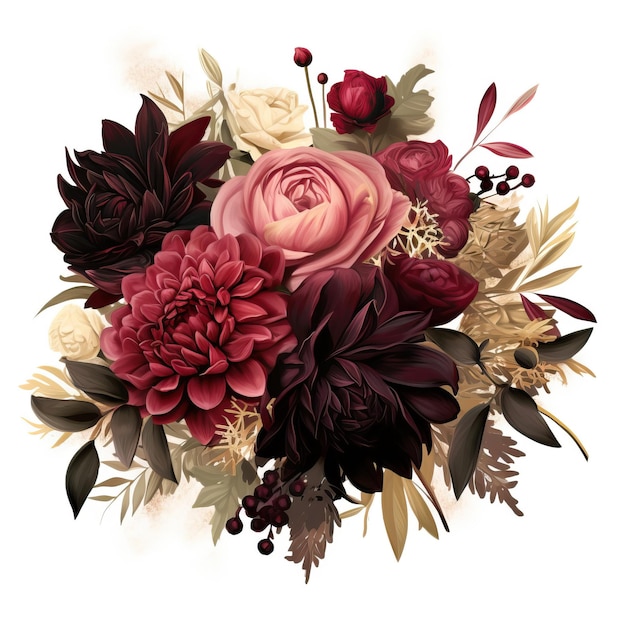 Ein luxuriöser Blumenstrauß, geschmückt mit tiefen bordeauxfarbenen Dahlien, weichen rosa Pfeunen und Goldnoten
