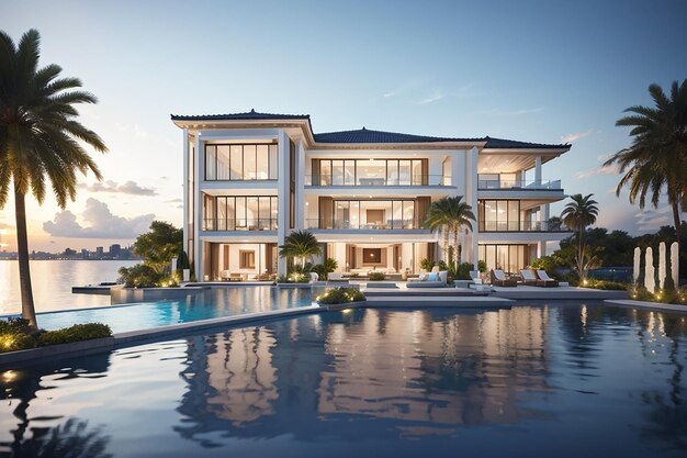 Ein luxuriöses Anwesen am Wasser. Entfliehen Sie Ihrem ultimativen Traumhaus. Luxuriöse Bildinspiration für das Immobilienkonzept. Modernes Haus-Außendekor-Ideen, 3D-Rendering