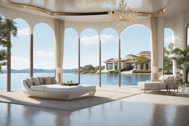 Ein luxuriöses Anwesen am Wasser. Entfliehen Sie Ihrem ultimativen Traumhaus. Luxuriöse Bildinspiration für das Immobilienkonzept. Modernes Haus-Außendekor-Ideen, 3D-Rendering