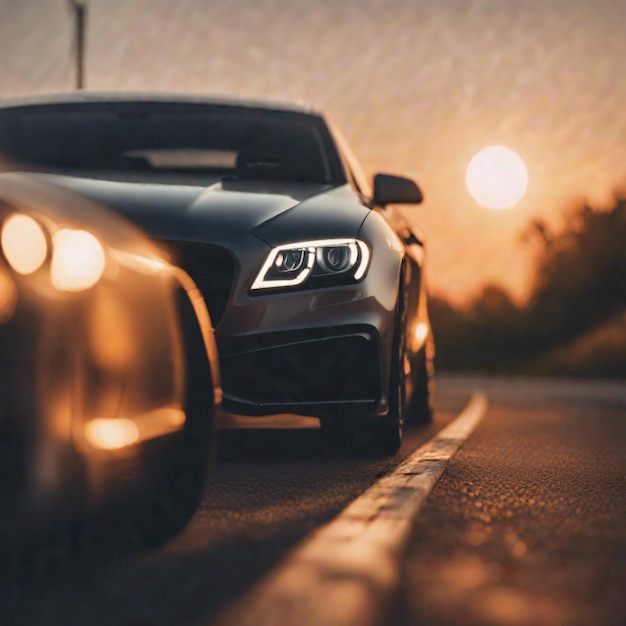 Foto ein luxuriöses auto, das auf der autobahn mit einem beleuchteten scheinwerfer beim sonnenuntergang geparkt ist