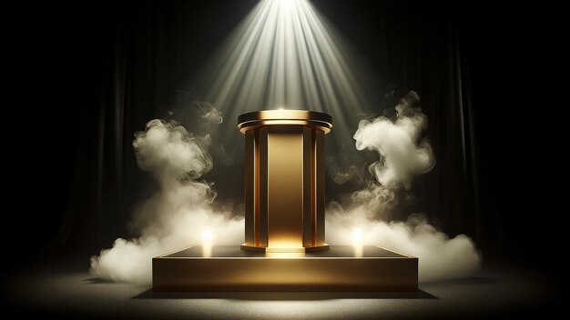ein luxuriöses goldenes Podium steht auf einem dunklen Hintergrund, das von geheimnisvollem Rauch umhüllt ist