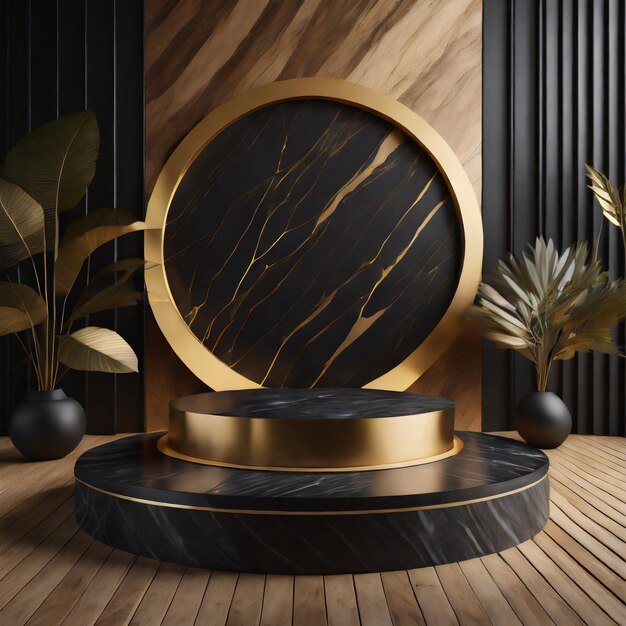 Ein luxuriöses Podium aus schwarzem und goldenem Marmor auf einem hölzernen und natürlichen Hintergrund