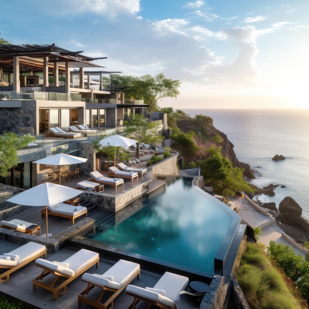 ein luxuriöses Resort auf einem Hügel mit Blick auf den Ozean