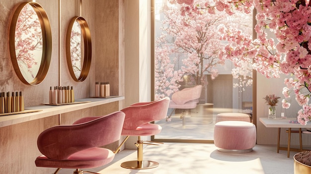 Ein luxuriöses und stilvolles Schönheitssalonsinterieur, das in natürlichem Licht mit eleganten rosa Stühlen gebadet ist