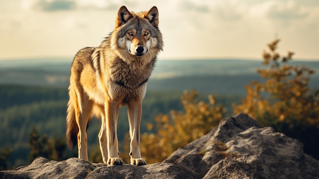 Ein mächtiger Alpha-Wolf steht mit königlicher Ausgewogenheit auf einer zerklüfteten Klippe und beobachtet sein riesiges und ausgedehntes Territorium darunter.