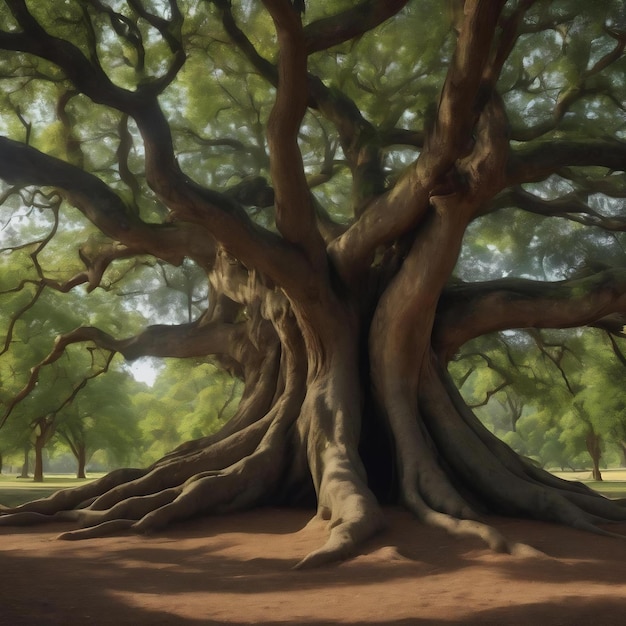 Ein mächtiger Baum mit starken, dicken Wurzeln im Park