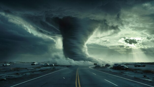 Ein mächtiger, riesiger Tornado, der sich auf der Straße verdreht