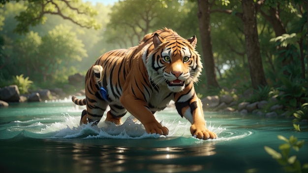 Ein mächtiger Tiger sprintet anmutig über das Wasser, umgeben vom üppigen Grün des Waldes