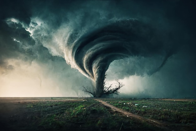 Foto ein mächtiger tornado trifft auf den boden und fegt alles aus seinem weg