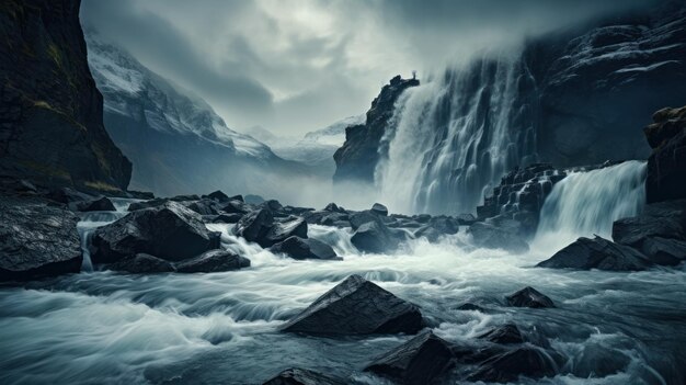 Ein mächtiger Wasserfall, der durch die kraftvolle Bewegung der KI verschwommen wird.