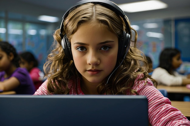 Ein Mädchen 67 benutzt einen Computer im Klassenzimmer