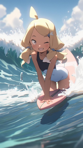 Ein Mädchen auf einem Surfbrett ist im Wasser mit dem Wort Strand darauf.