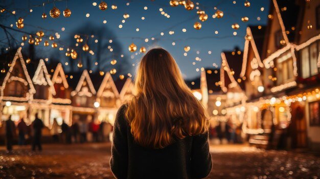 Foto ein mädchen auf einem traditionellen weihnachtsmarkt steht mit dem rücken zur kamera