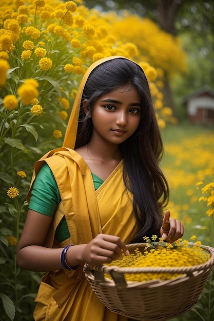 Ein Mädchen aus Bangladesch pflückt Senfblumen in einem Korb auf dem Senffeld KI-generierte Kunst