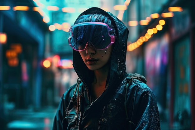 Ein Mädchen aus der Zukunft Hell und resonant bunt aus der Zukunft Fantasy-Science-Fiction Frau in futuristischem Kostüm Augmented-Reality-Spiel Zukunftstechnologie AI-Konzept VR