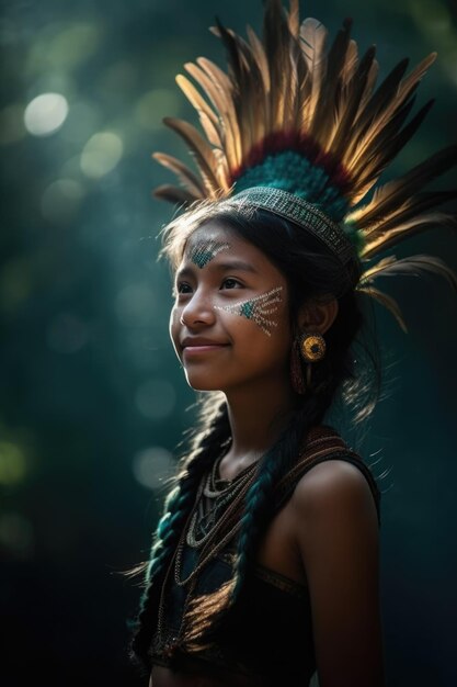 Foto ein mädchen aus einem indianerstamm mit zwei zöpfen in einem kopfbedeckung aus federn vor dem hintergrund des waldes