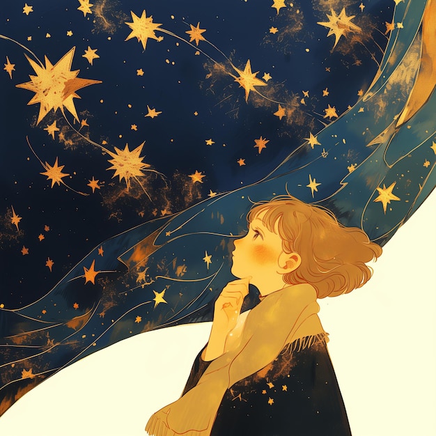 Ein Mädchen beobachtet goldene Sterne, die sich am Nachthimmel drehen, Aquarellmalerei