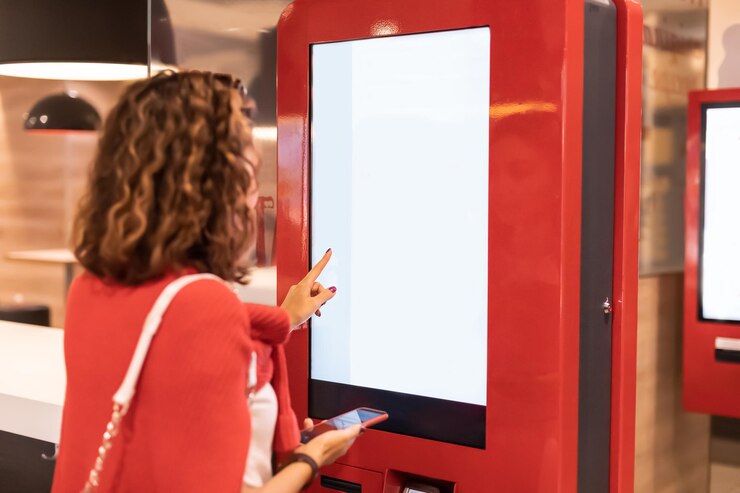 Foto ein mädchen bestellt essen und mittagessen in einem fast-food-restaurant mit einem self-service-kiosk oder einem terminal mit einem bildschirm moderne handelsgeräte