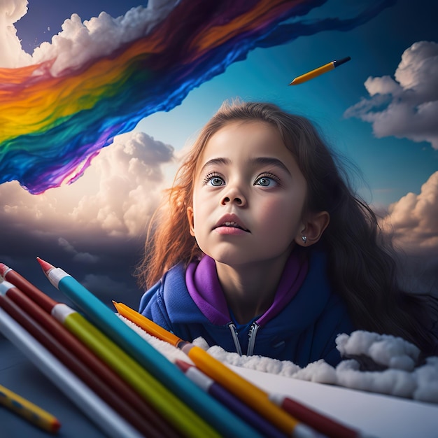 Ein Mädchen blickt zu einem Regenbogen auf und auf einem Papier steht das Wort „Regenbogen“.