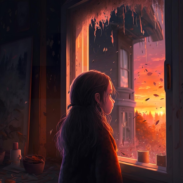 Ein Mädchen, das bei Sonnenuntergang aus einem Fenster schaut