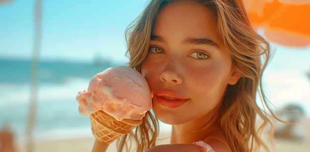 ein Mädchen, das ein Eis am Strand auf dem Kopf hält
