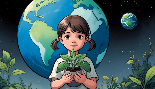 ein Mädchen, das eine Pflanze und einen Planeten im Hintergrund hält